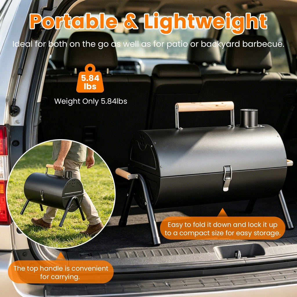 Outdoor Portable Charcoal Barbecue Grill, Dual Airflow Control Design, Includes Grill Grates & Wood Handle Skewers for Family Gathering Cooking
