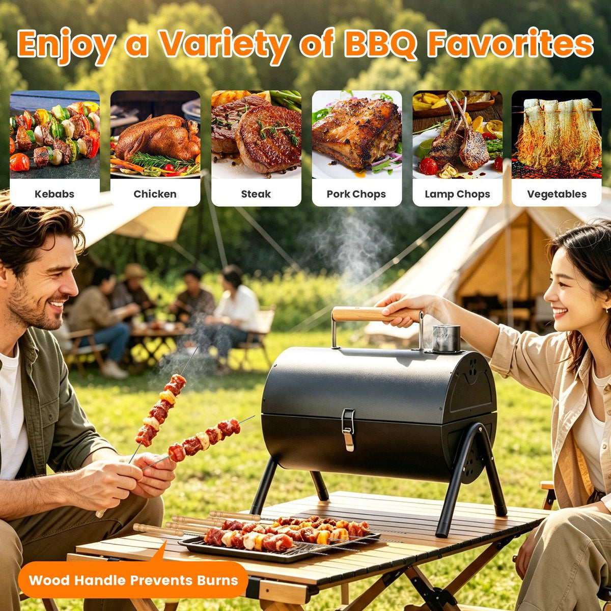 Outdoor Portable Charcoal Barbecue Grill, Dual Airflow Control Design, Includes Grill Grates & Wood Handle Skewers for Family Gathering Cooking