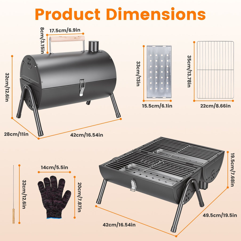 Outdoor Portable Charcoal Barbecue Grill, Dual Airflow Control Design, Includes Grill Grates & Wood Handle Skewers for Family Gathering Cooking