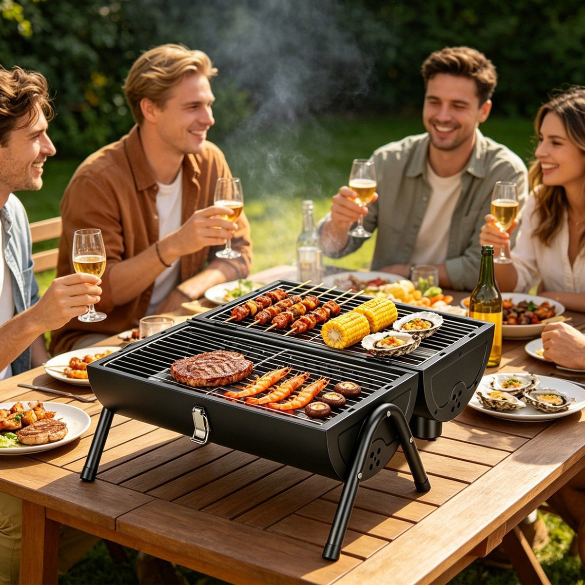 Outdoor Portable Charcoal Barbecue Grill, Dual Airflow Control Design, Includes Grill Grates & Wood Handle Skewers for Family Gathering Cooking