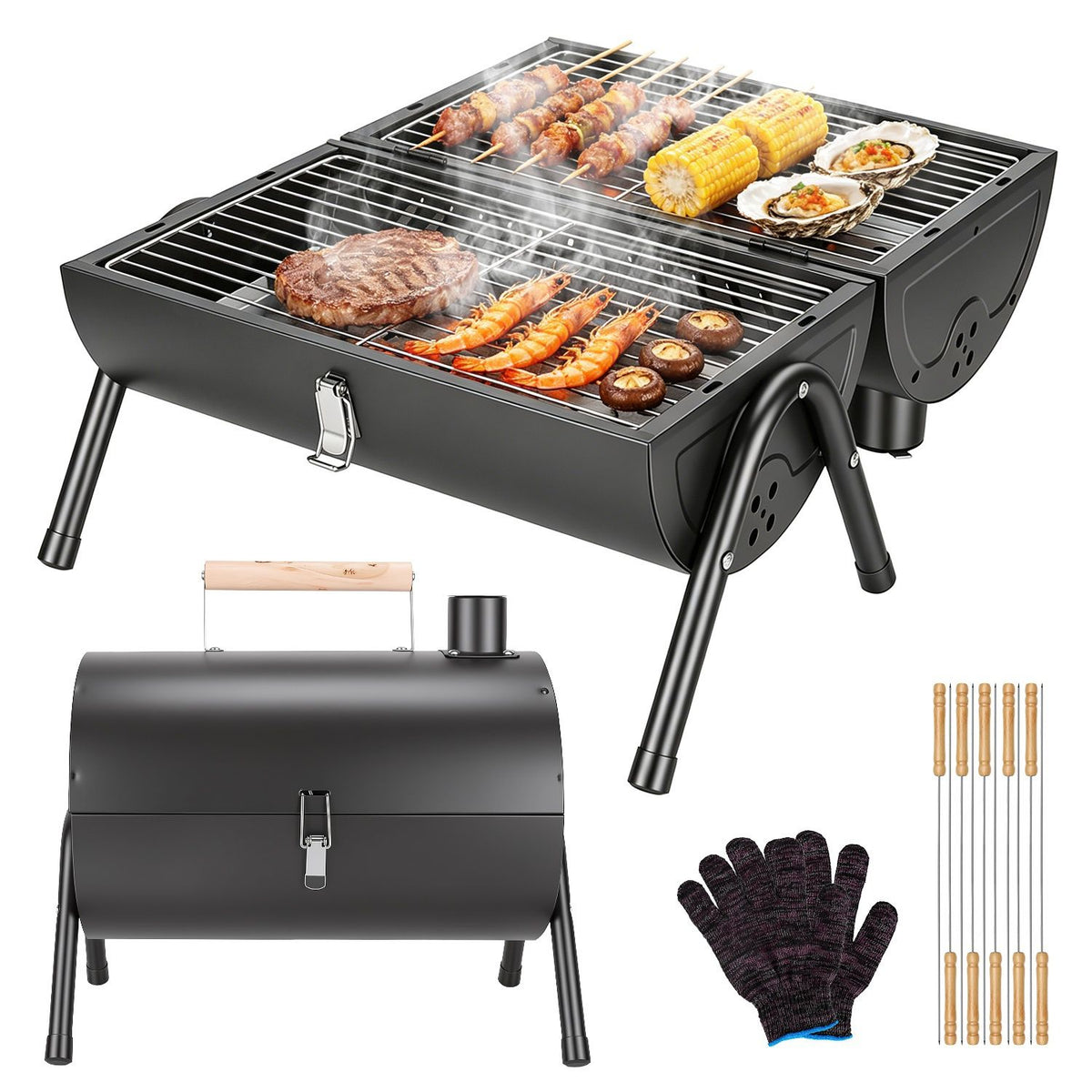 Outdoor Portable Charcoal Barbecue Grill, Dual Airflow Control Design, Includes Grill Grates & Wood Handle Skewers for Family Gathering Cooking