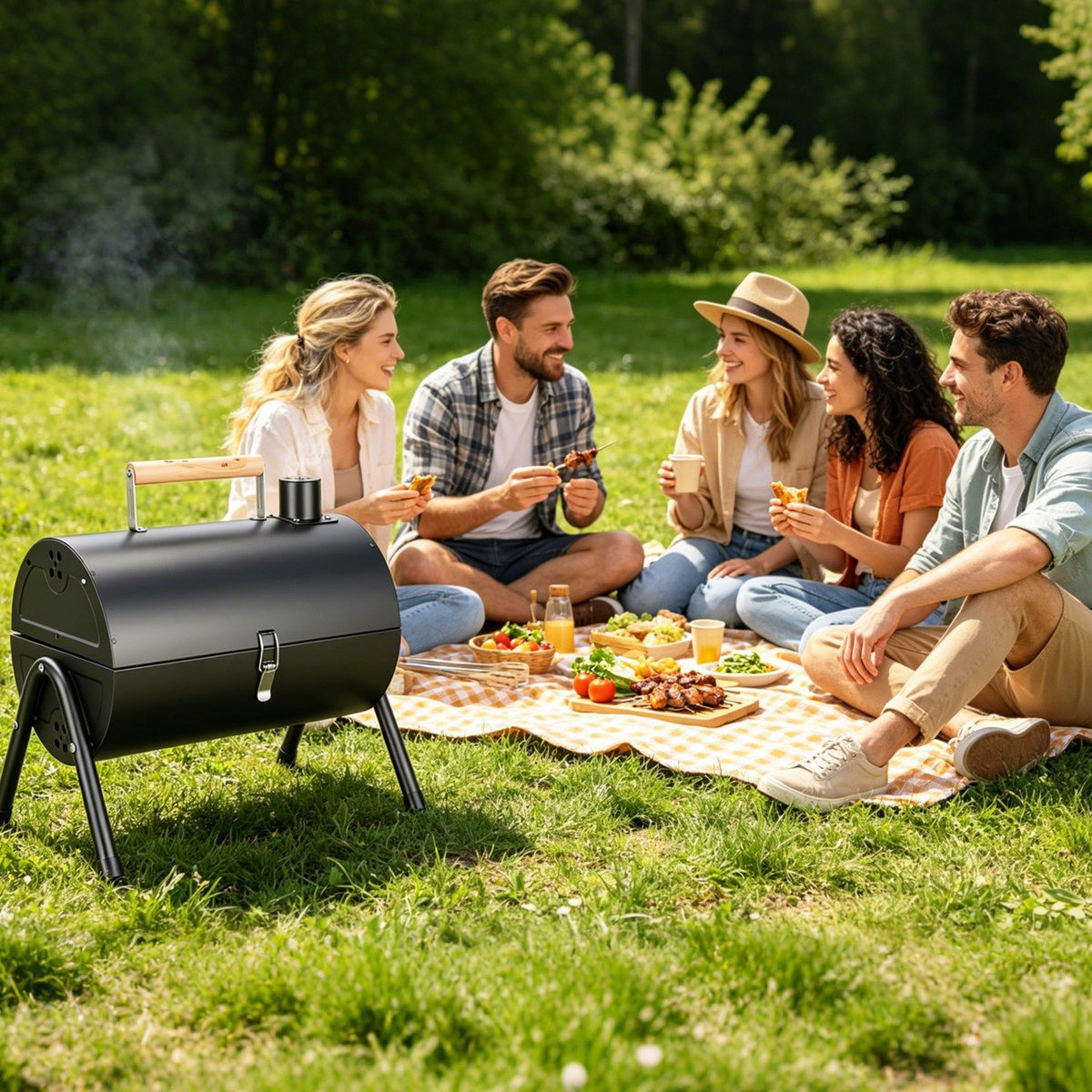 Outdoor Portable Charcoal Barbecue Grill, Dual Airflow Control Design, Includes Grill Grates & Wood Handle Skewers for Family Gathering Cooking