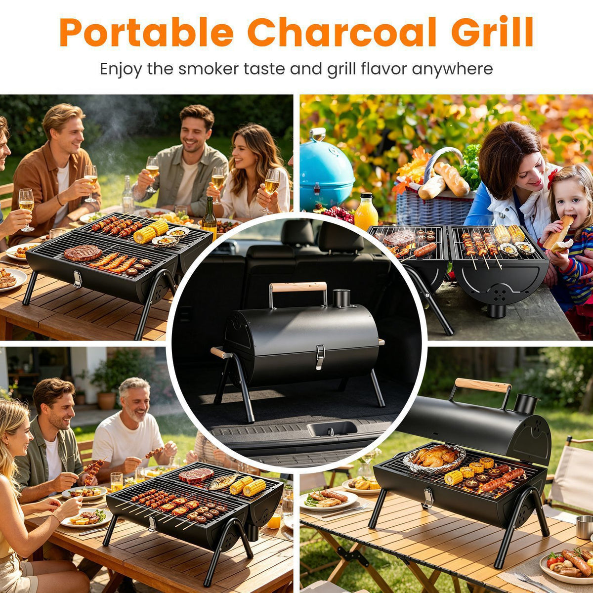 Outdoor Portable Charcoal Barbecue Grill, Dual Airflow Control Design, Includes Grill Grates & Wood Handle Skewers for Family Gathering Cooking