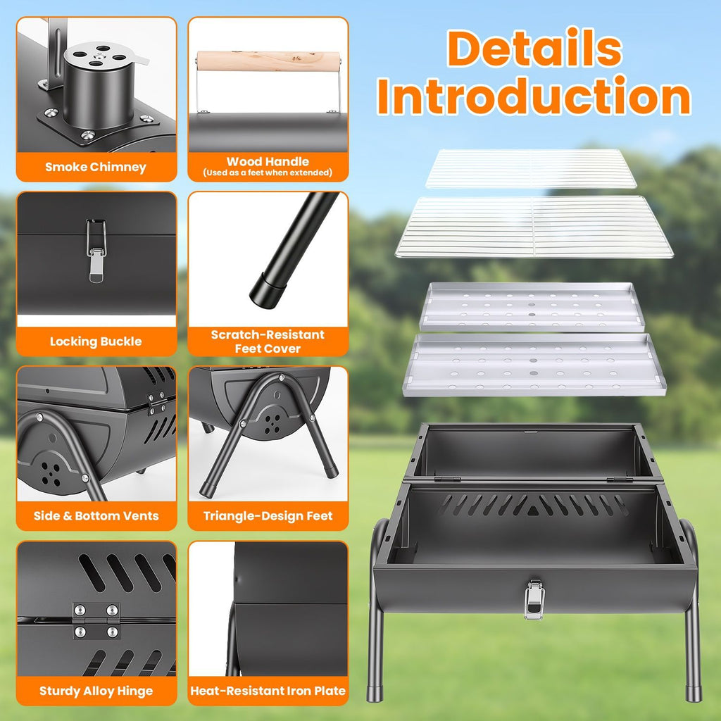 Outdoor Portable Charcoal Barbecue Grill, Dual Airflow Control Design, Includes Grill Grates & Wood Handle Skewers for Family Gathering Cooking
