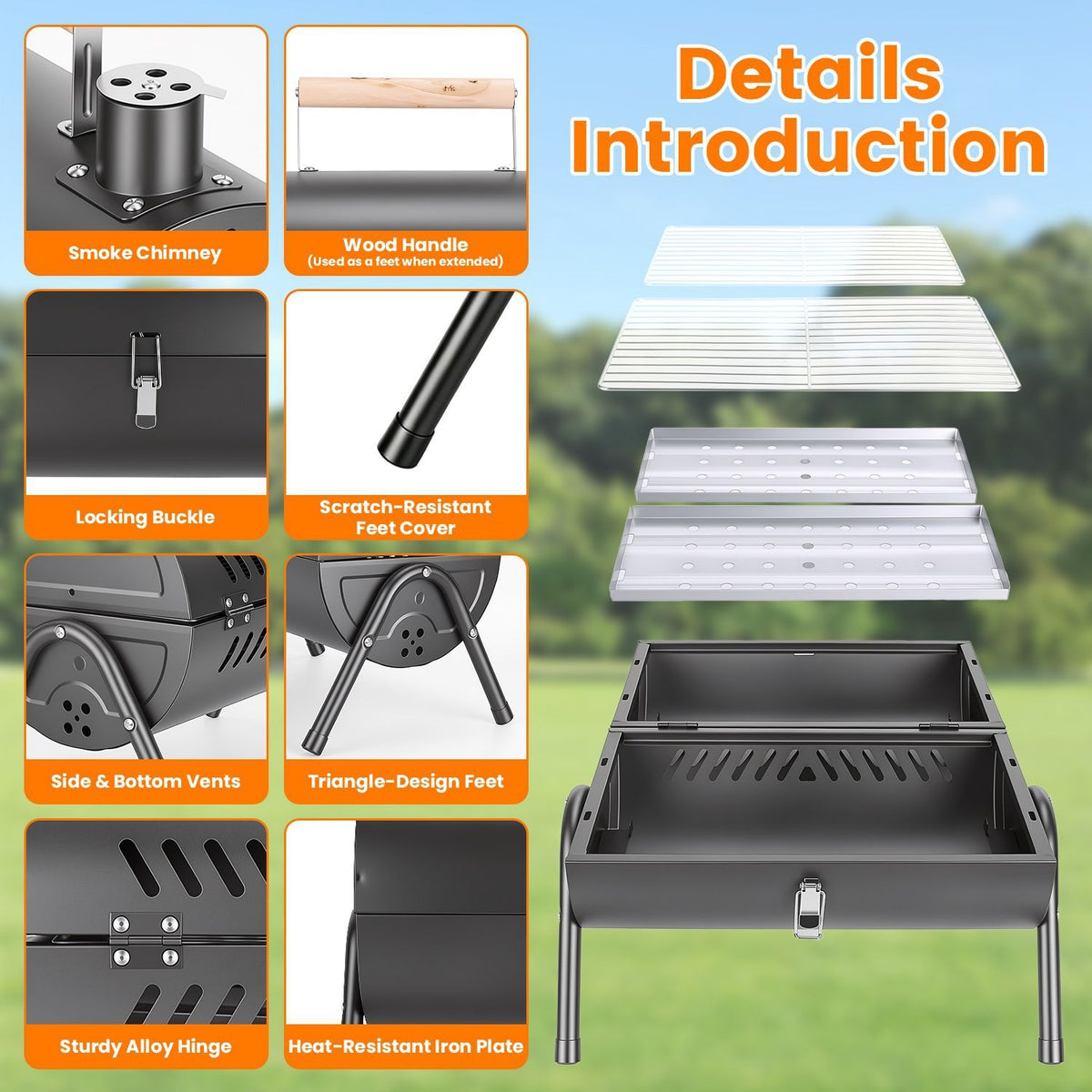 Outdoor Portable Charcoal Barbecue Grill, Dual Airflow Control Design, Includes Grill Grates & Wood Handle Skewers for Family Gathering Cooking