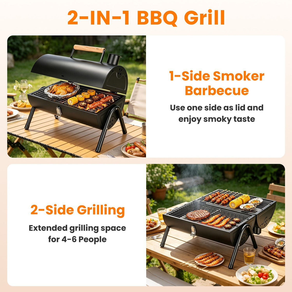 Outdoor Portable Charcoal Barbecue Grill, Dual Airflow Control Design, Includes Grill Grates & Wood Handle Skewers for Family Gathering Cooking