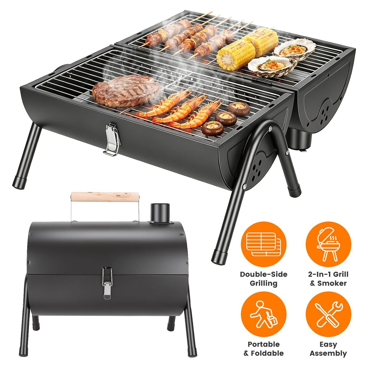 Outdoor Portable Charcoal Barbecue Grill, Dual Airflow Control Design, Includes Grill Grates & Wood Handle Skewers for Family Gathering Cooking