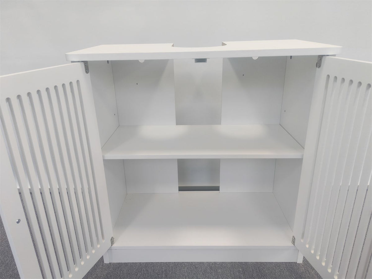 Washbasin cabinet without basin, louvered double-door floor-standing bathroom vanity and storage unit, white bathroom floor-standing storage cabinet.