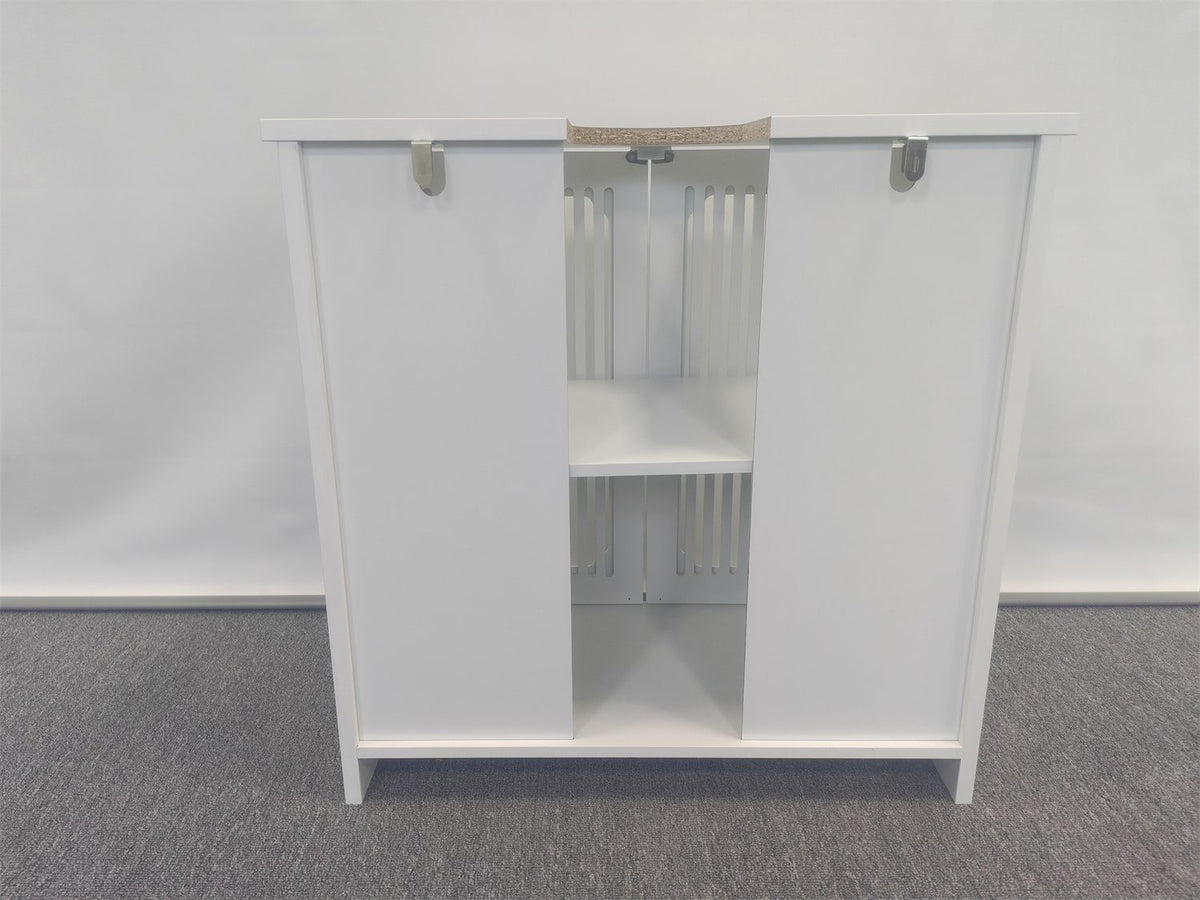 Washbasin cabinet without basin, louvered double-door floor-standing bathroom vanity and storage unit, white bathroom floor-standing storage cabinet.