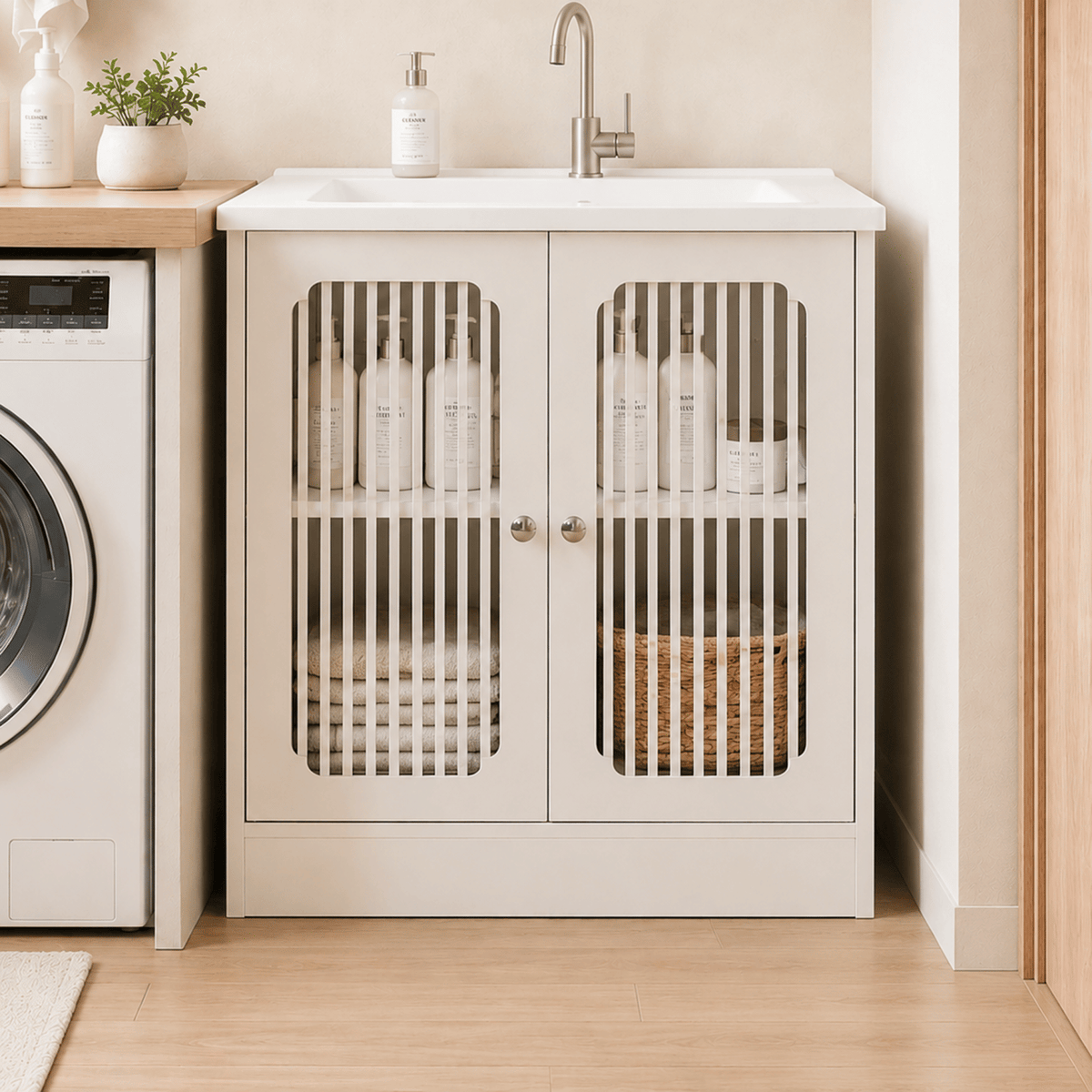 Washbasin cabinet without basin, louvered double-door floor-standing bathroom vanity and storage unit, white bathroom floor-standing storage cabinet.