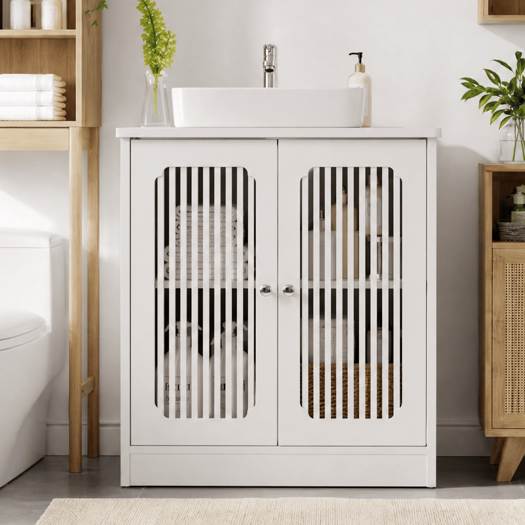 Washbasin cabinet without basin, louvered double-door floor-standing bathroom vanity and storage unit, white bathroom floor-standing storage cabinet.