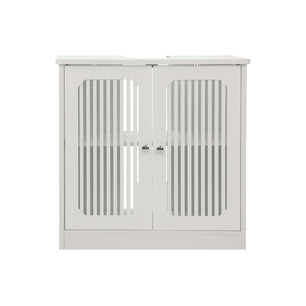 Washbasin cabinet without basin, louvered double-door floor-standing bathroom vanity and storage unit, white bathroom floor-standing storage cabinet.