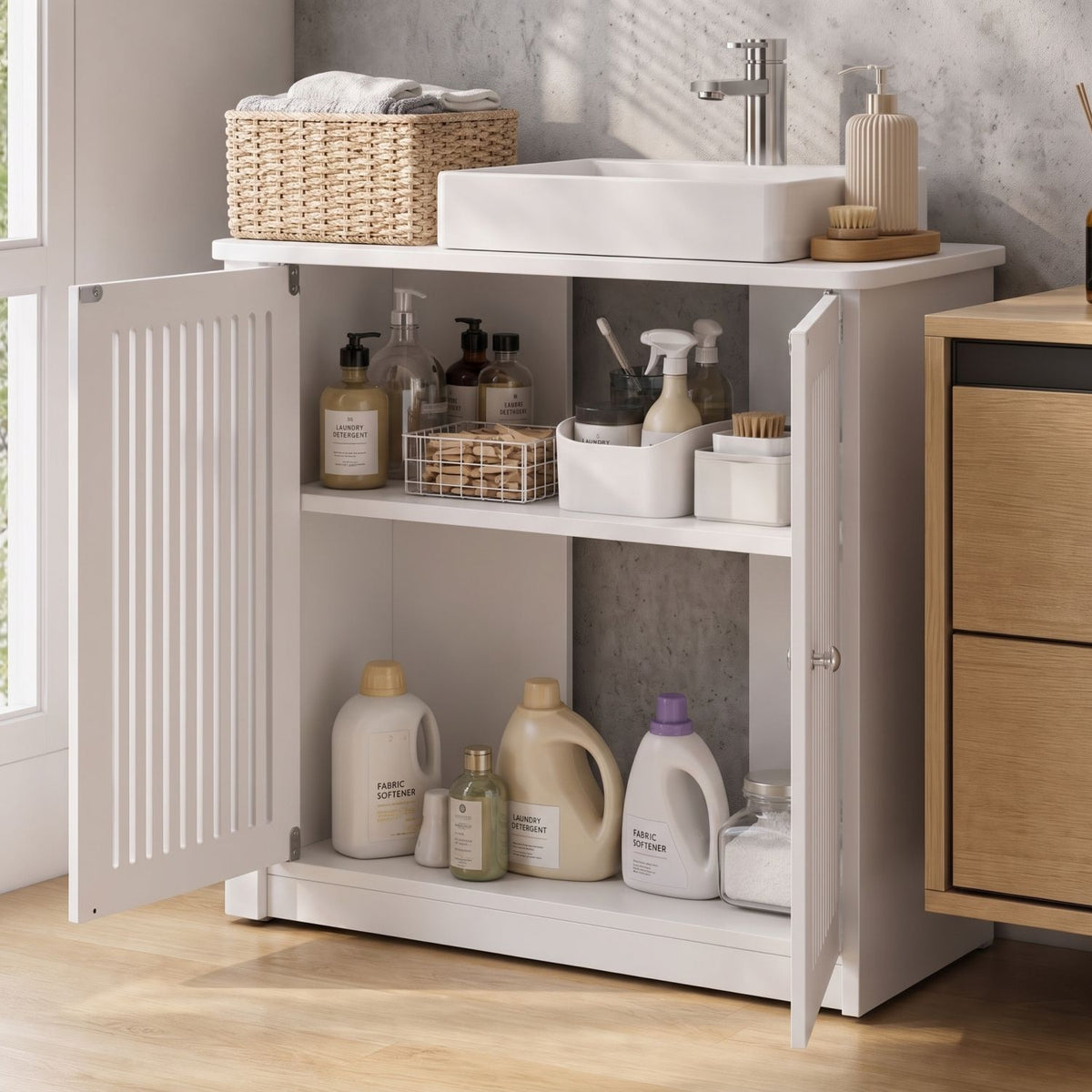 Washbasin cabinet without basin, louvered double-door floor-standing bathroom vanity and storage unit, white bathroom floor-standing storage cabinet.