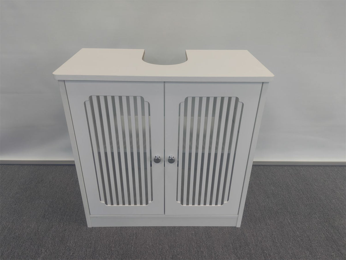Washbasin cabinet without basin, louvered double-door floor-standing bathroom vanity and storage unit, white bathroom floor-standing storage cabinet.