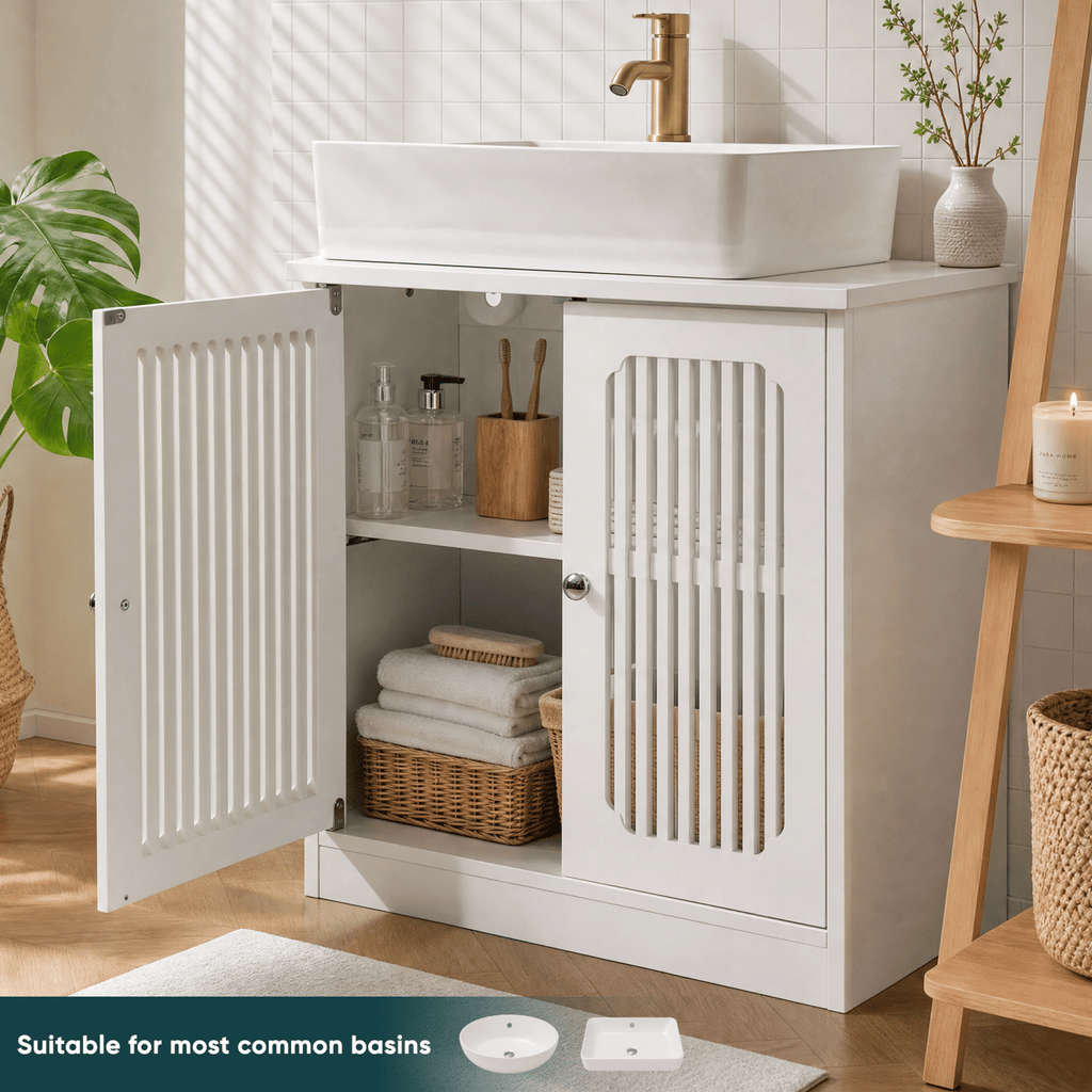 Washbasin cabinet without basin, louvered double-door floor-standing bathroom vanity and storage unit, white bathroom floor-standing storage cabinet.