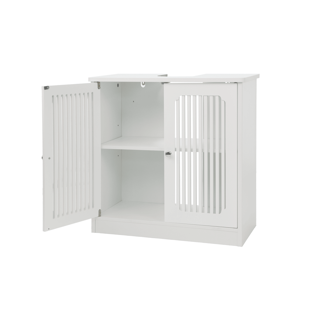 Washbasin cabinet without basin, louvered double-door floor-standing bathroom vanity and storage unit, white bathroom floor-standing storage cabinet.