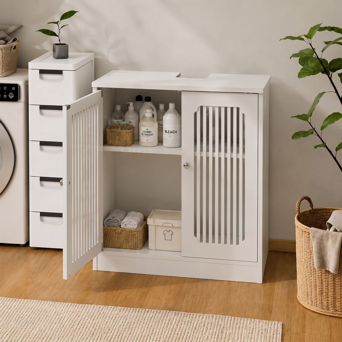 Washbasin cabinet without basin, louvered double-door floor-standing bathroom vanity and storage unit, white bathroom floor-standing storage cabinet.