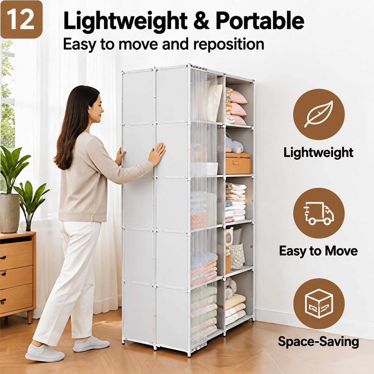 Portable Wardrobe Closet, 5-Tier Large Capacity Clothes Storage Organizer with Sturdy Steel Frame & Curtain, Freestanding Closet for Bedroom, Dorm, Apartment, Living Room, 61 x 31.5 x 11 in