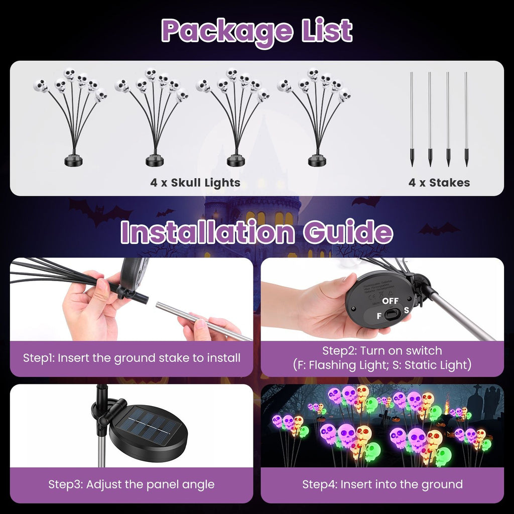 Halloween Decor Solar Skull Lights, 4-Pack LED Stake Lights, Amorphous Solar Panel, IP45 Waterproof, 2 Light Modes for Lawn & Pathway Decoration