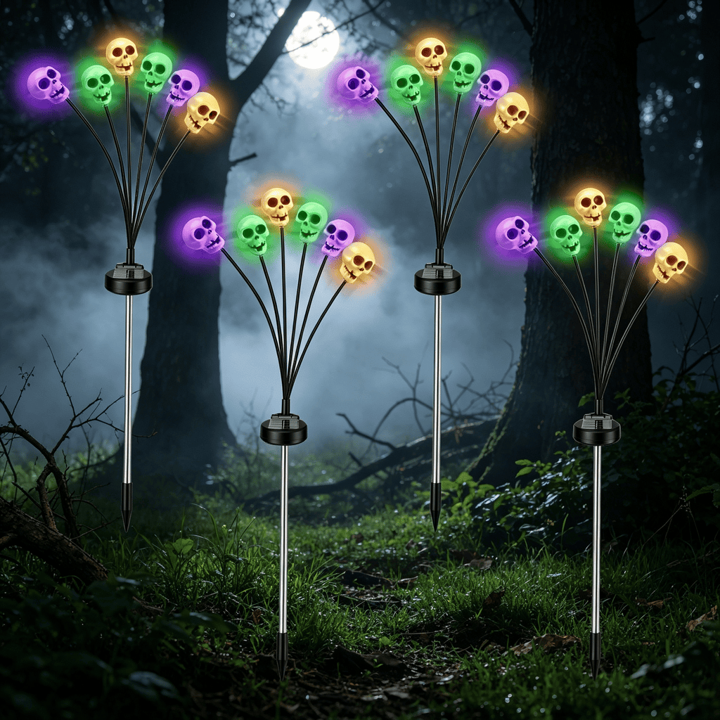 Halloween Decor Solar Skull Lights, 4-Pack LED Stake Lights, Amorphous Solar Panel, IP45 Waterproof, 2 Light Modes for Lawn & Pathway Decoration