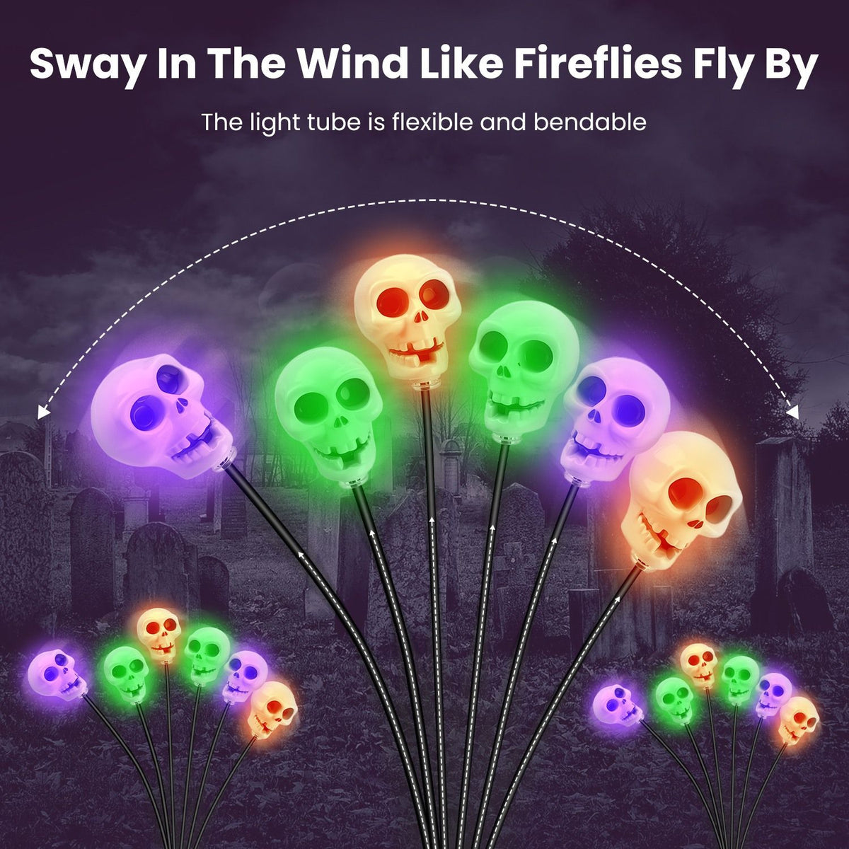 Halloween Decor Solar Skull Lights, 4-Pack LED Stake Lights, Amorphous Solar Panel, IP45 Waterproof, 2 Light Modes for Lawn & Pathway Decoration