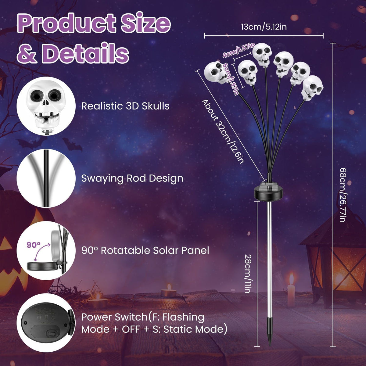 Halloween Decor Solar Skull Lights, 4-Pack LED Stake Lights, Amorphous Solar Panel, IP45 Waterproof, 2 Light Modes for Lawn & Pathway Decoration