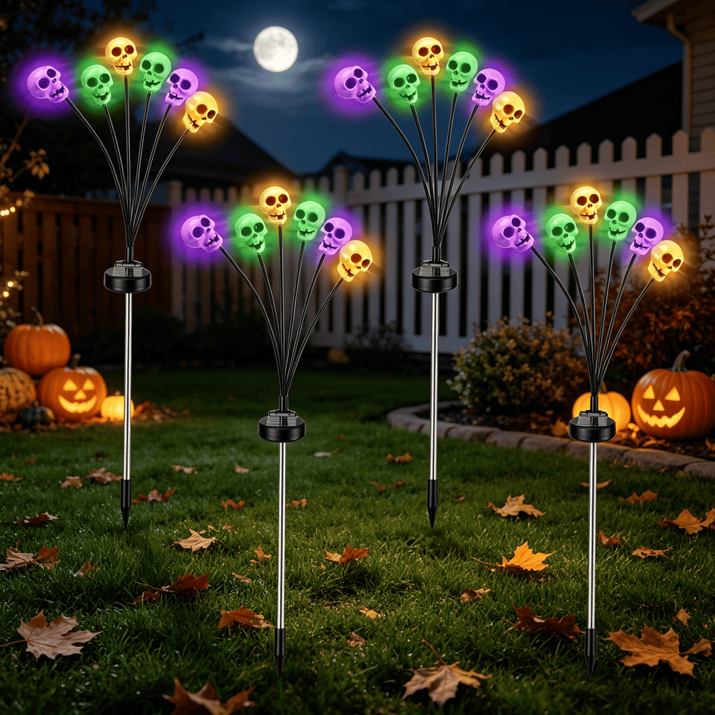 Halloween Decor Solar Skull Lights, 4-Pack LED Stake Lights, Amorphous Solar Panel, IP45 Waterproof, 2 Light Modes for Lawn & Pathway Decoration