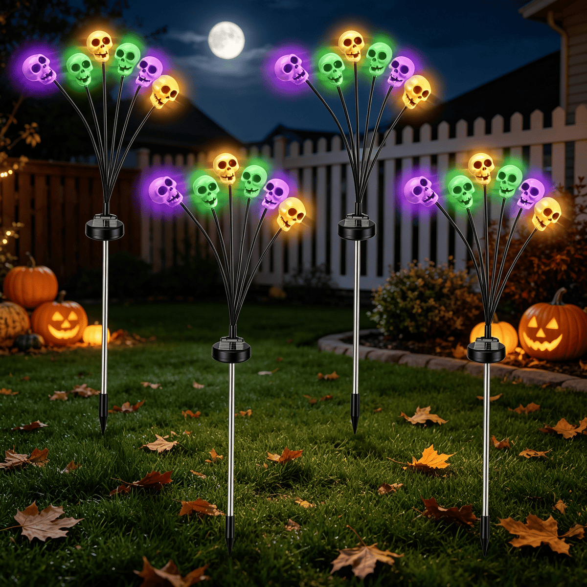 Halloween Decor Solar Skull Lights, 4-Pack LED Stake Lights, Amorphous Solar Panel, IP45 Waterproof, 2 Light Modes for Lawn & Pathway Decoration