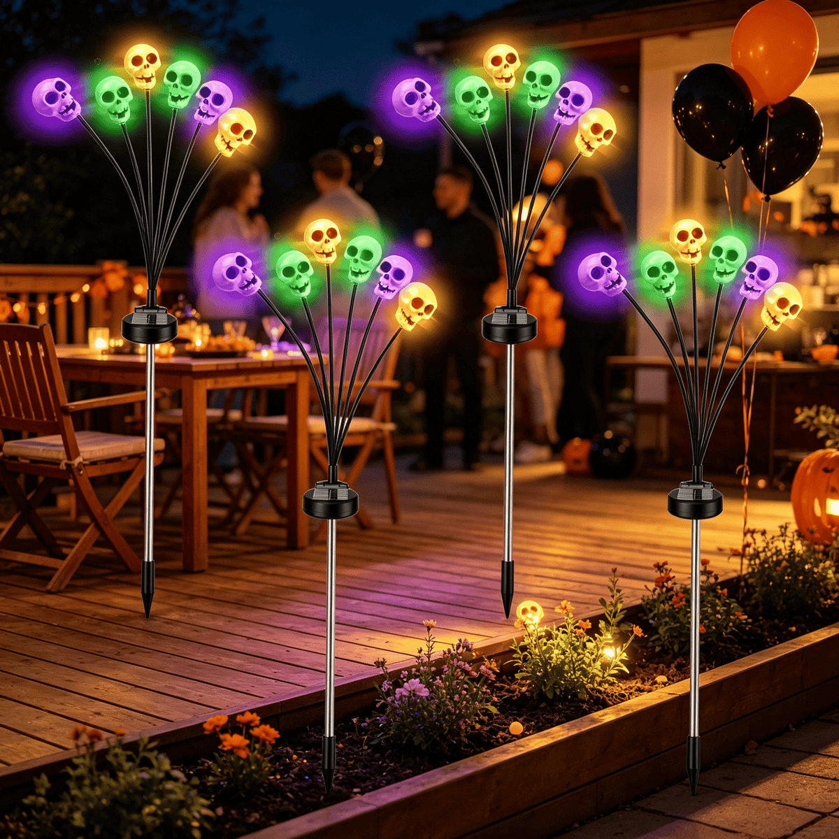 Halloween Decor Solar Skull Lights, 4-Pack LED Stake Lights, Amorphous Solar Panel, IP45 Waterproof, 2 Light Modes for Lawn & Pathway Decoration