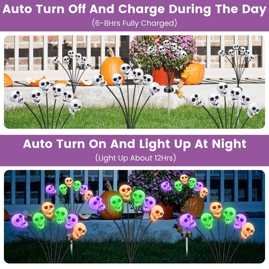 Halloween Decor Solar Skull Lights, 4-Pack LED Stake Lights, Amorphous Solar Panel, IP45 Waterproof, 2 Light Modes for Lawn & Pathway Decoration