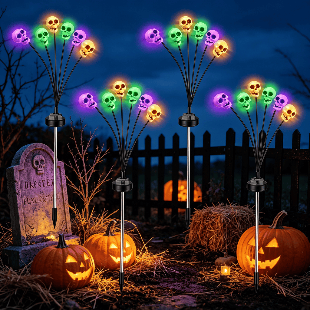 Halloween Decor Solar Skull Lights, 4-Pack LED Stake Lights, Amorphous Solar Panel, IP45 Waterproof, 2 Light Modes for Lawn & Pathway Decoration