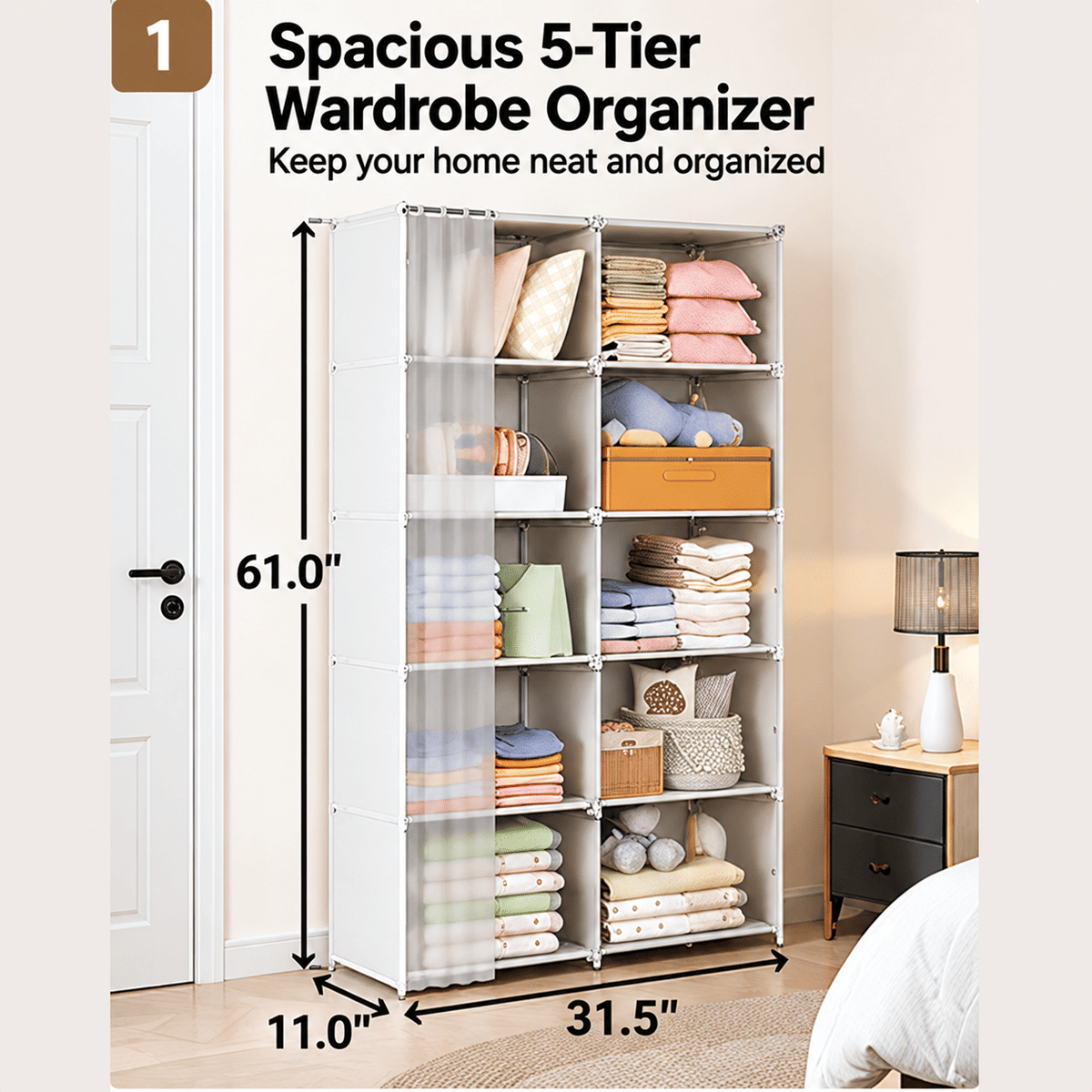 Portable Wardrobe Closet, 5-Tier Large Capacity Clothes Storage Organizer with Sturdy Steel Frame & Curtain, Freestanding Closet for Bedroom, Dorm, Apartment, Living Room, 61 x 31.5 x 11 in