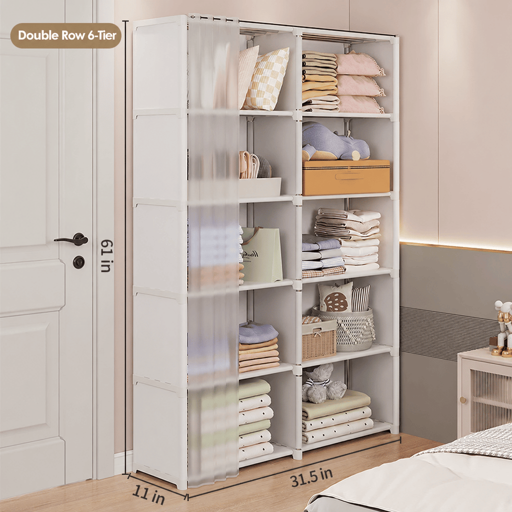 Portable Wardrobe Closet, 5-Tier Large Capacity Clothes Storage Organizer with Sturdy Steel Frame & Curtain, Freestanding Closet for Bedroom, Dorm, Apartment, Living Room, 61 x 31.5 x 11 in