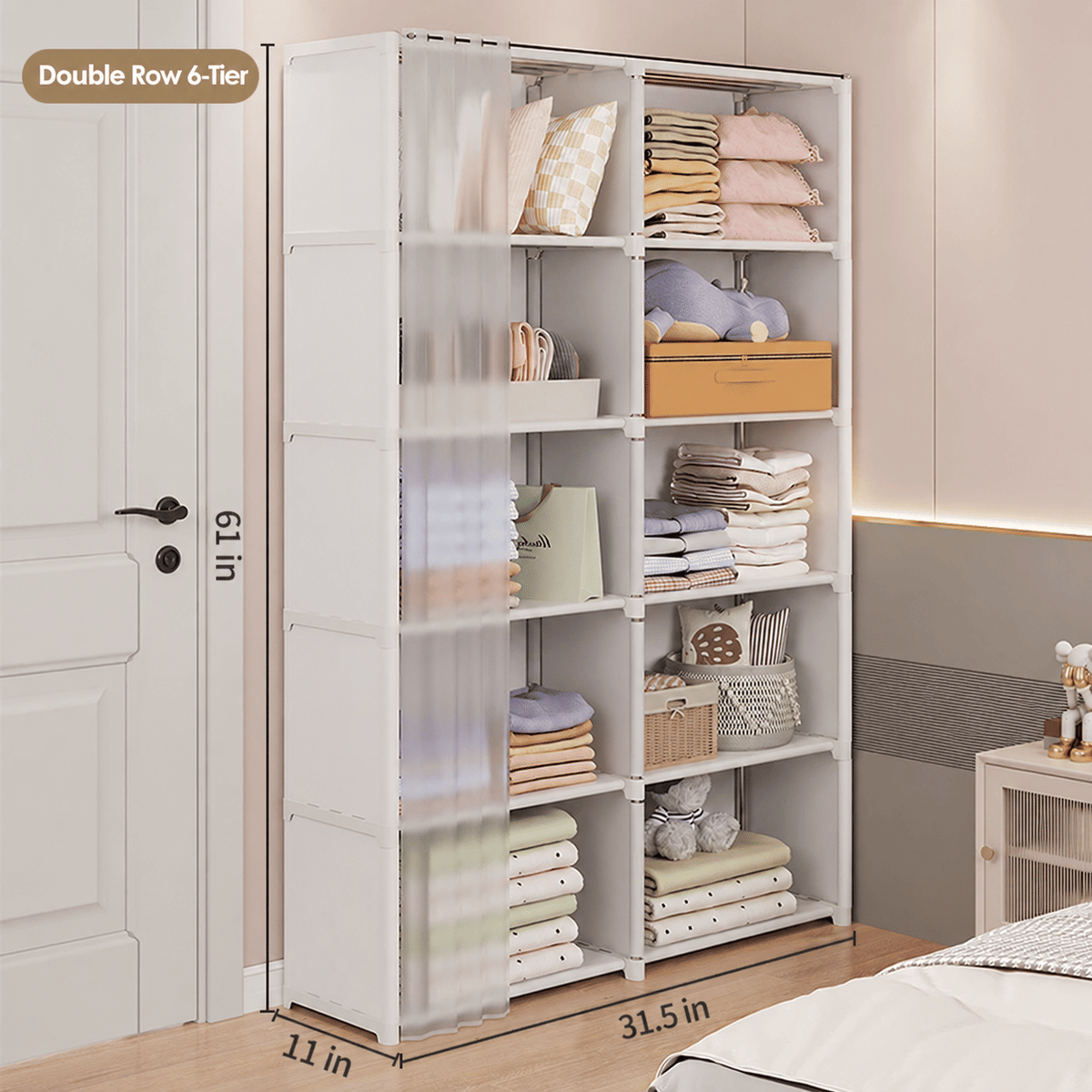 Portable Wardrobe Closet, 5-Tier Large Capacity Clothes Storage Organizer with Sturdy Steel Frame & Curtain, Freestanding Closet for Bedroom, Dorm, Apartment, Living Room, 61 x 31.5 x 11 in