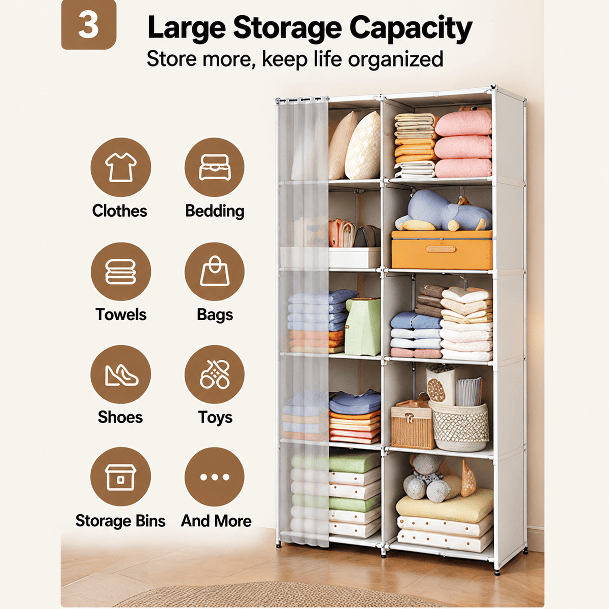 5-Tier Portable Wardrobe Closet, Large Capacity Clothes Organizer with Sturdy Steel Frame, Dust Cover, Freestanding Storage for Bedroom & Apartment