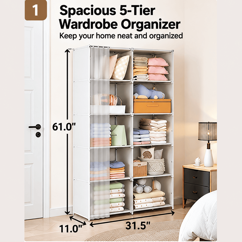 5-Tier Portable Wardrobe Closet, Large Capacity Clothes Organizer with Sturdy Steel Frame, Dust Cover, Freestanding Storage for Bedroom & Apartment