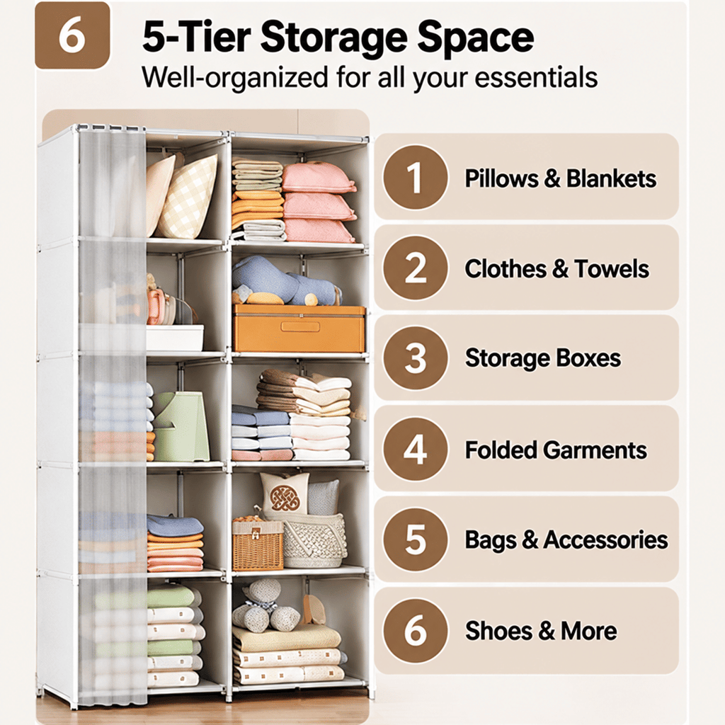 5-Tier Portable Wardrobe Closet, Large Capacity Clothes Organizer with Sturdy Steel Frame, Dust Cover, Freestanding Storage for Bedroom & Apartment
