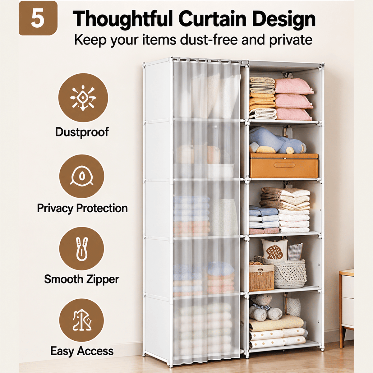 5-Tier Portable Wardrobe Closet, Large Capacity Clothes Organizer with Sturdy Steel Frame, Dust Cover, Freestanding Storage for Bedroom & Apartment