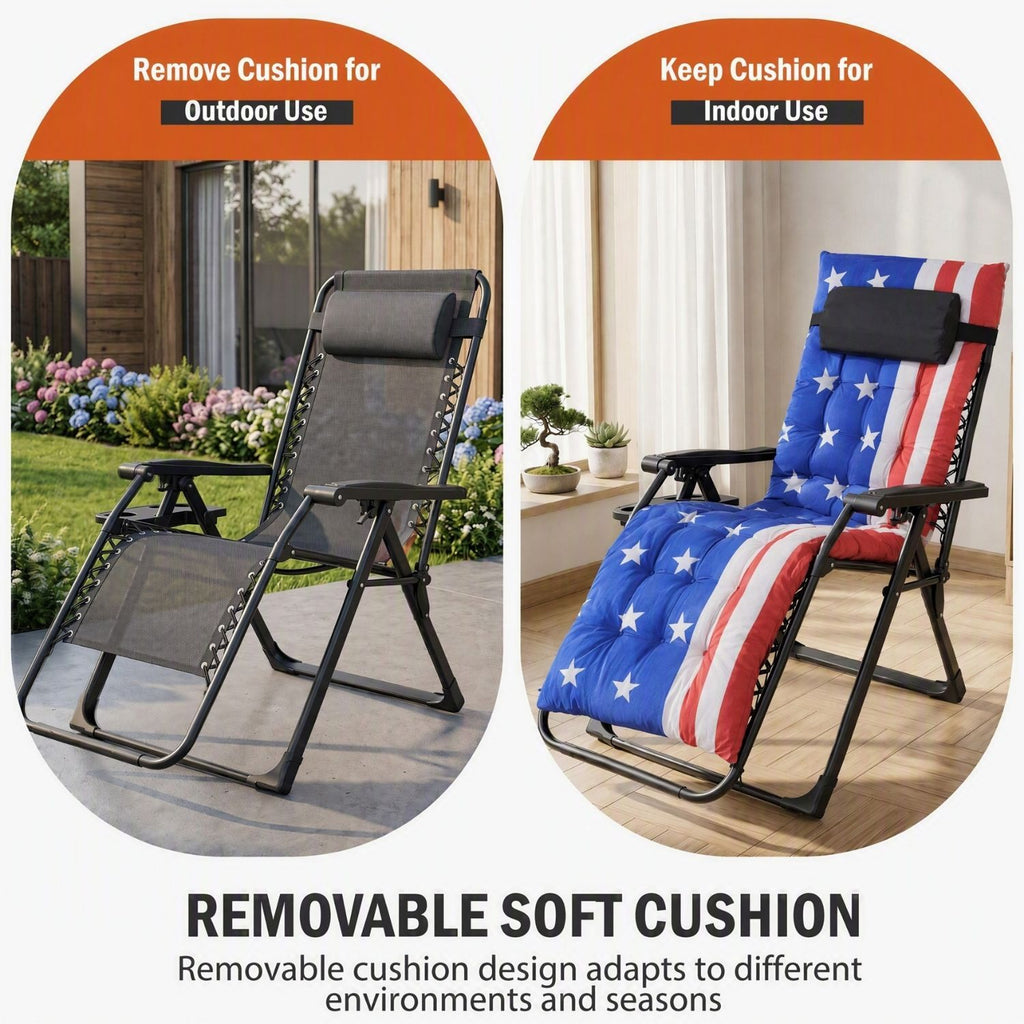 Zero Gravity Chair with Cushion, Folding Outdoor Lounge Chair with Cup Holder and Headrest for Patio, Strong Capacity