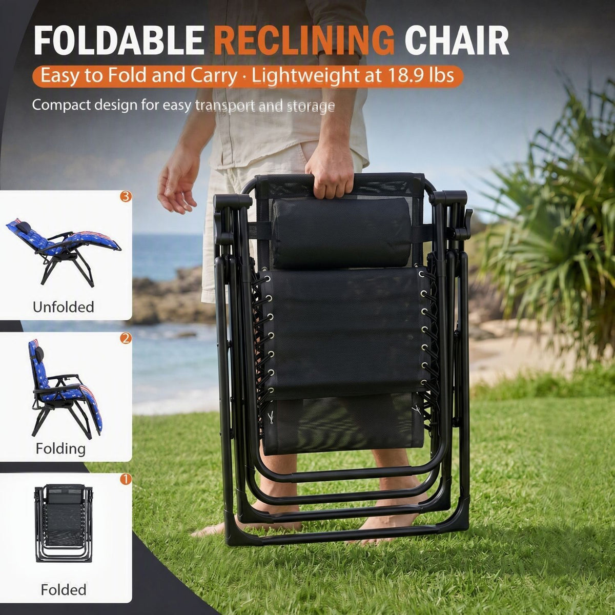 Zero Gravity Chair with Cushion, Folding Outdoor Lounge Chair with Cup Holder and Headrest for Patio, Strong Capacity