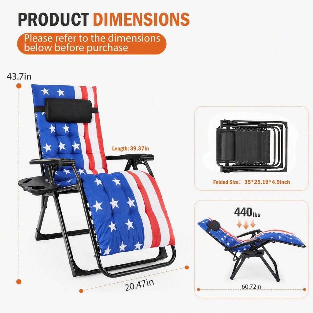Zero Gravity Chair with Cushion, Folding Outdoor Lounge Chair with Cup Holder and Headrest for Patio, Strong Capacity