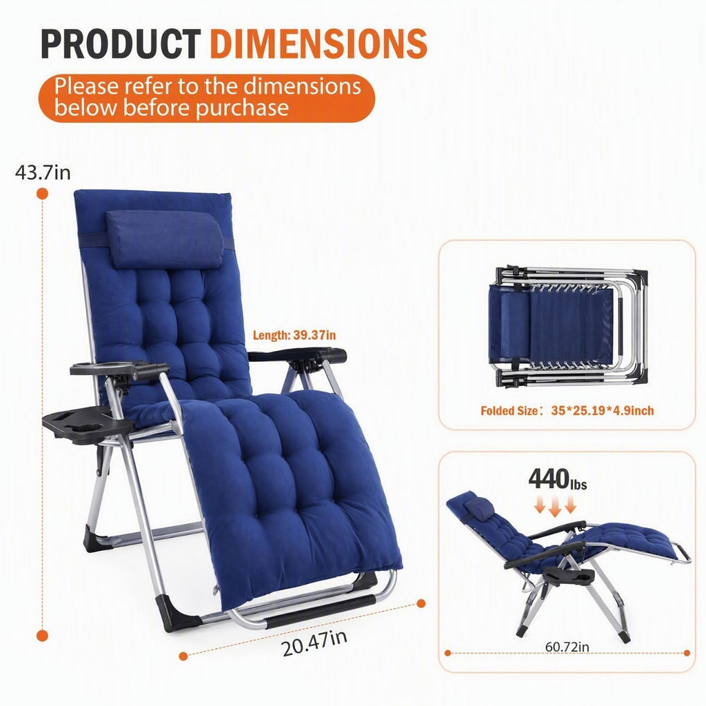 Zero Gravity Chair with Cushion, Folding Outdoor Lounge Chair with Cup Holder and Headrest for Patio, Strong Capacity