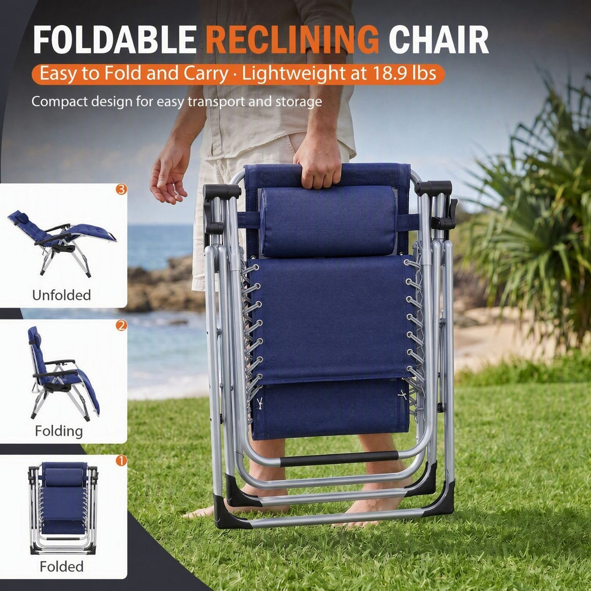 Zero Gravity Chair with Cushion, Folding Outdoor Lounge Chair with Cup Holder and Headrest for Patio, Strong Capacity