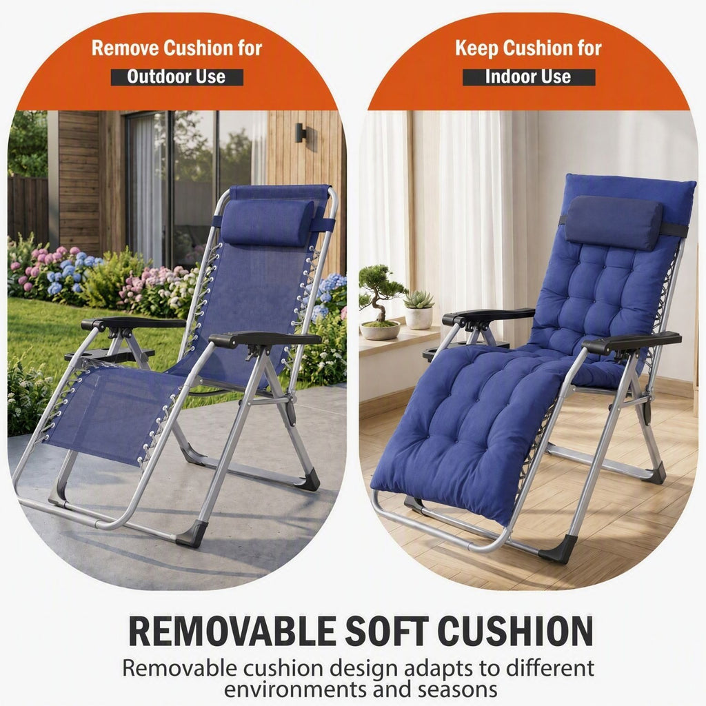 Zero Gravity Chair with Cushion, Folding Outdoor Lounge Chair with Cup Holder and Headrest for Patio, Strong Capacity