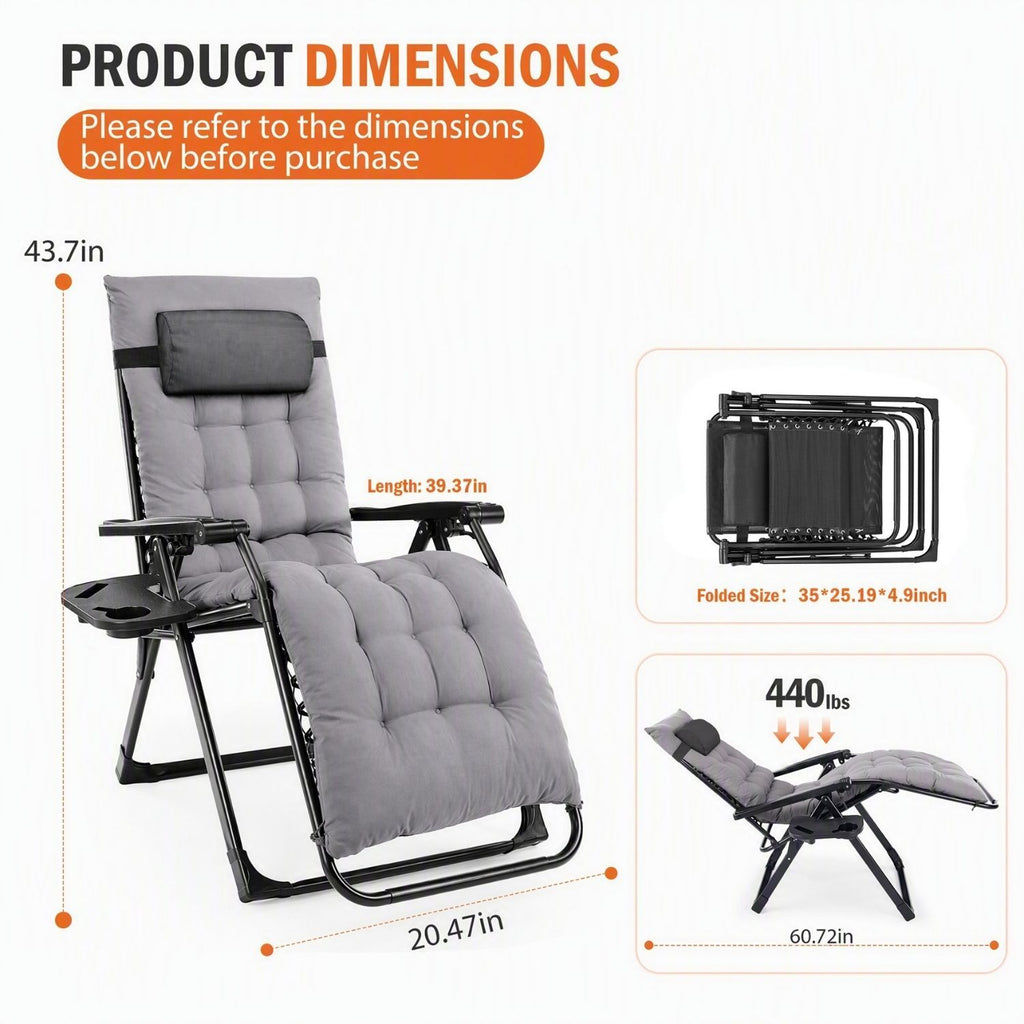 Zero Gravity Chair with Cushion, Folding Outdoor Lounge Chair with Cup Holder and Headrest for Patio, Strong Capacity