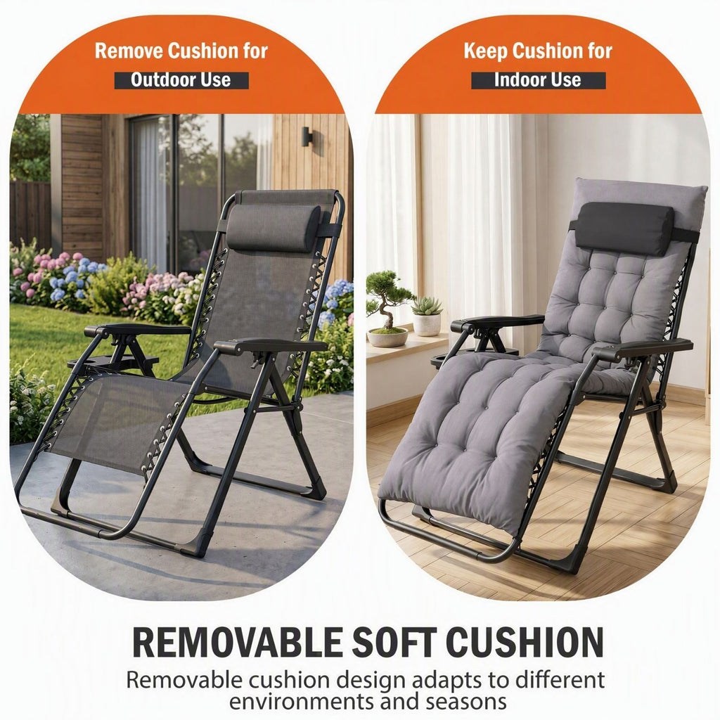 Zero Gravity Chair with Cushion, Folding Outdoor Lounge Chair with Cup Holder and Headrest for Patio, Strong Capacity