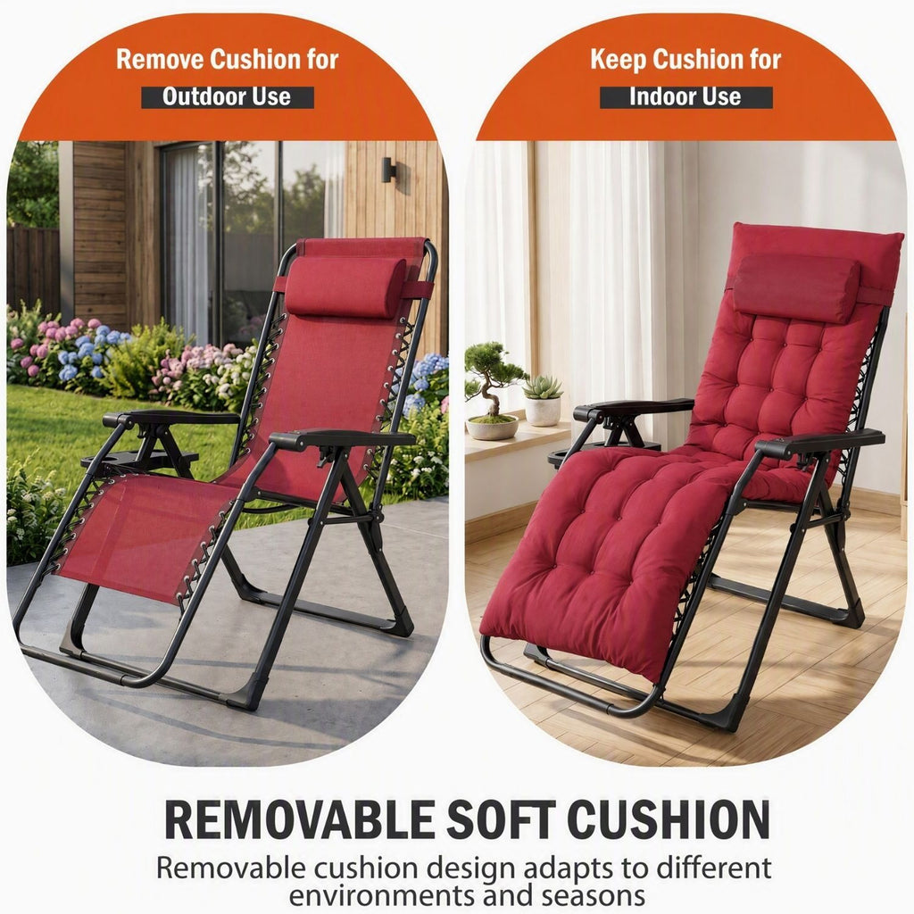 Zero Gravity Chair with Cushion, Folding Outdoor Lounge Chair with Cup Holder and Headrest for Patio, Strong Capacity