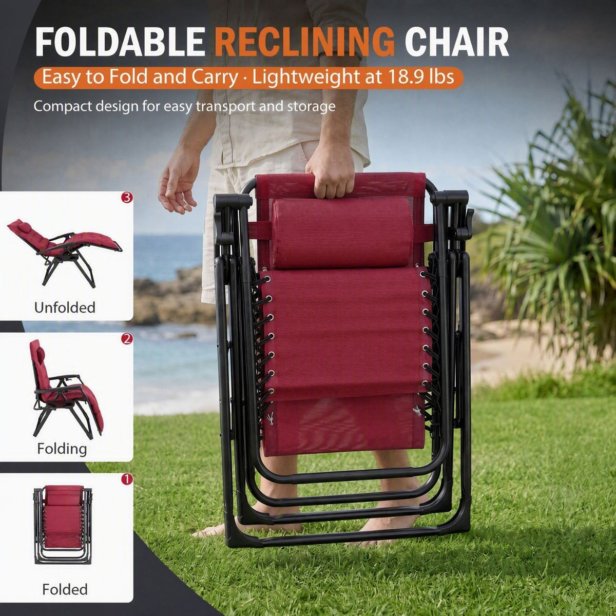 Zero Gravity Chair with Cushion, Folding Outdoor Lounge Chair with Cup Holder and Headrest for Patio, Strong Capacity