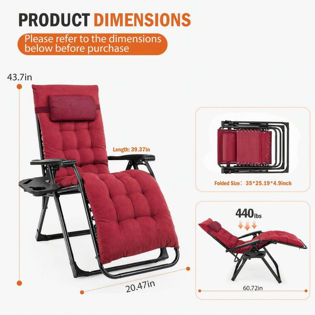 Zero Gravity Chair with Cushion, Folding Outdoor Lounge Chair with Cup Holder and Headrest for Patio, Strong Capacity