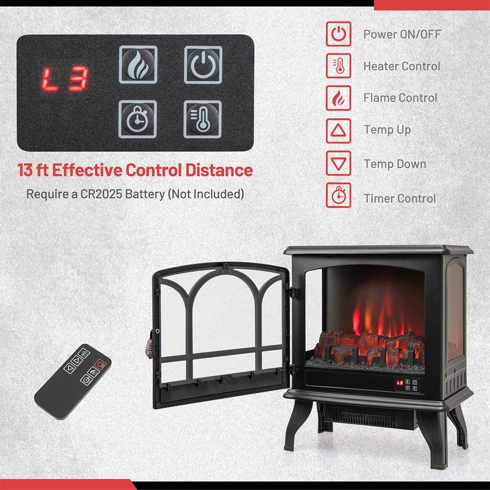 1400W Electric Stove Heater with 3-Level Flame Effect and 3-Sided View